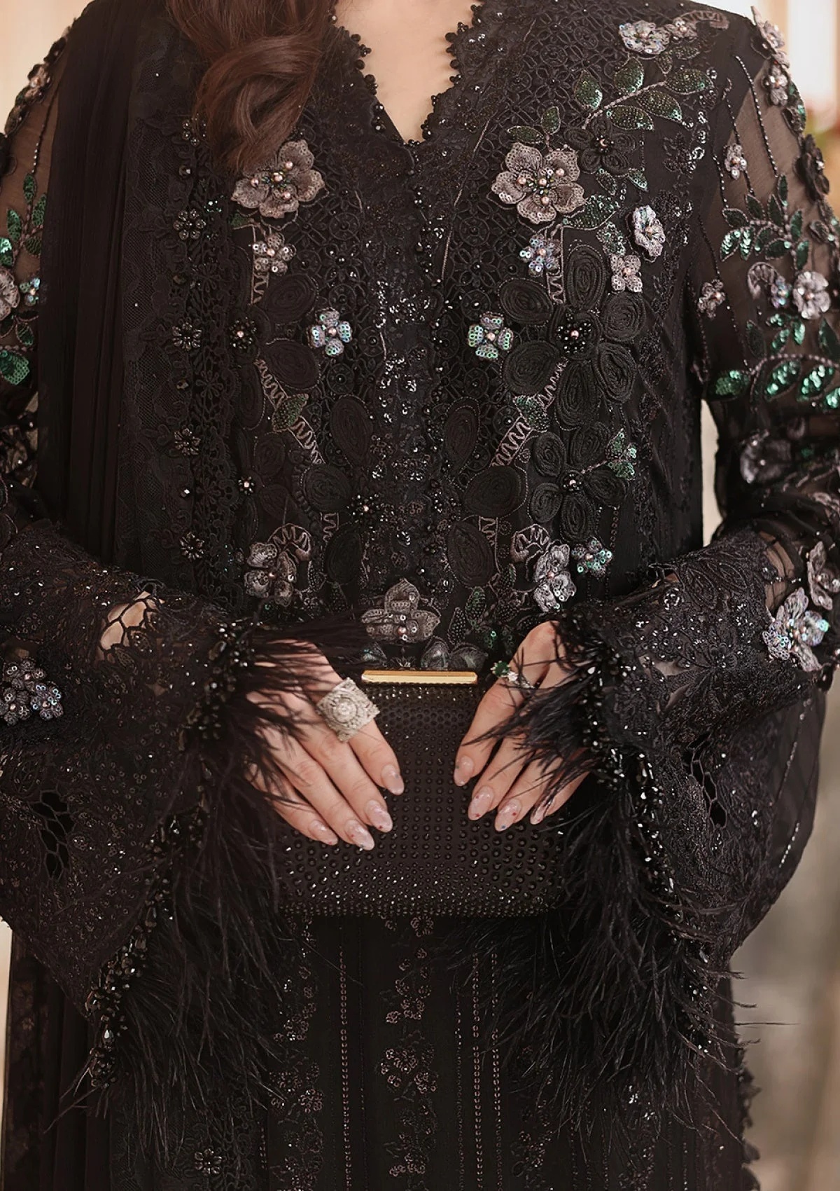 Maria B BLACK pakistani fashion outfit in black tones.